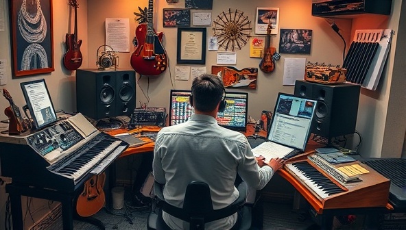 An artistic visual of a composer immersed in a creative studio environment, surrounded by musical instruments, digital equipment, and inspirational elements, capturing the essence of the personalized music composition process and the dedication of TuneCraft Composer in delivering bespoke musical creations.
