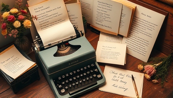 A cozy writing desk with a vintage typewriter surrounded by handwritten poems, dried flowers, and elegant stationery, creating a warm and nostalgic atmosphere for crafting heartfelt verses.