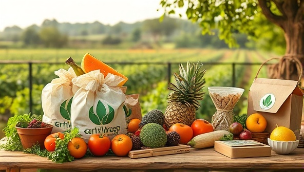 An artistic visualization of EarthWrap Innovations' sustainable packaging solutions displayed in a farm-to-table setting, with compostable bags, biodegradable containers, and plant-based labels harmoniously integrated with fresh produce and artisanal goods, conveying a message of environmental stewardship and quality craftsmanship.