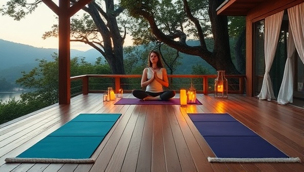 An enchanting virtual yoga retreat setting with a peaceful backdrop of nature, virtual yoga mats laid out, candles flickering, and a virtual guide leading a meditation session, invoking a sense of tranquility and connection.