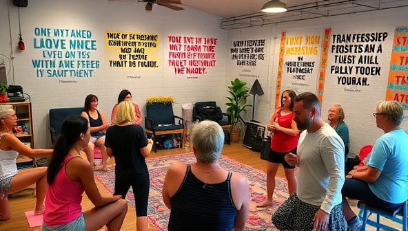 A transformative workshop setting with participants engaging in expressive movement exercises, storytelling circles, and artistic expressions, surrounded by inspirational quotes, colorful props, and a supportive atmosphere, fostering creativity, connection, and personal growth in a fitness storytelling workshop.