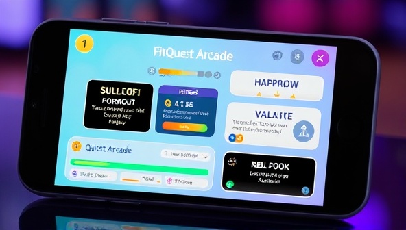 An engaging image of a smartphone screen displaying the FitQuest Arcade app interface, with colorful game elements, progress bars, and motivational messages, creating an immersive and interactive workout experience.