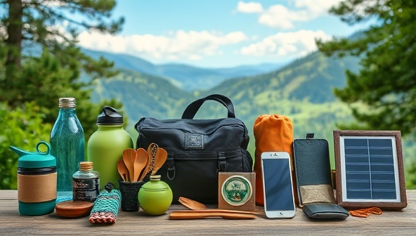 An array of neatly organized eco-friendly travel gear, including reusable water bottles, biodegradable camping utensils, and solar-powered chargers, displayed against a backdrop of lush greenery and scenic landscapes, showcasing the sustainable essence of the rental service.