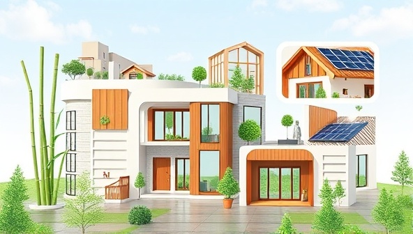 An artistic rendering of a digital platform interface featuring diverse sustainable building materials such as bamboo flooring, energy-efficient windows, and solar roof tiles, symbolizing a futuristic and eco-conscious construction marketplace.