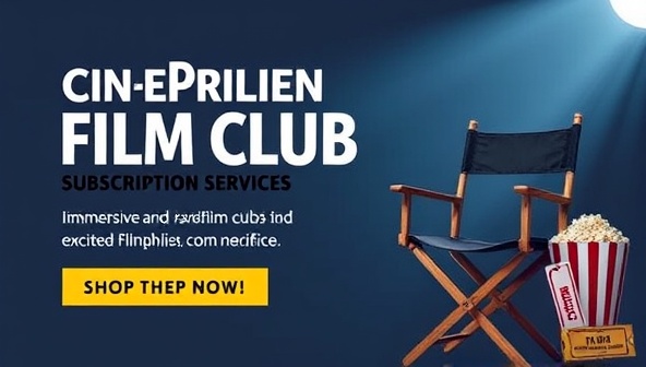 A cinematic poster featuring a reel of film, a director's chair, popcorn, and a movie ticket, symbolizing the immersive and exciting film club experiences offered by Cinephile Circle's subscription service.