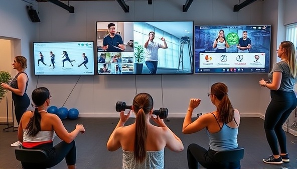 An engaging virtual workout environment with fitness trainers conducting live sessions, energetic participants, and digital displays showing workout routines, conveying the dynamic and interactive nature of the virtual fitness coaching platform.