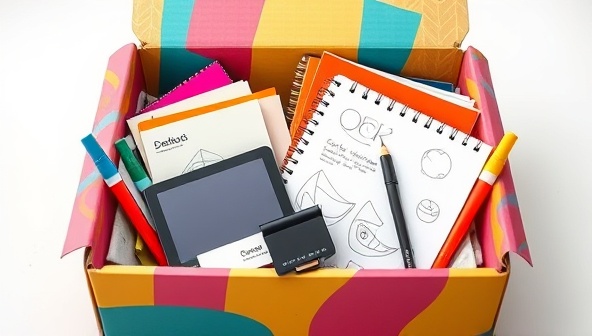 A vibrant and colorful box filled with design tools, such as sketchbooks, markers, a tablet with a stylus, and a USB drive labeled 