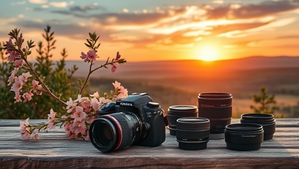 A picturesque landscape with a camera, lenses, and photography equipment laid out on a rustic wooden table, surrounded by blooming flowers and a stunning sunset in the background, evoking a sense of creativity and capturing travel moments.
