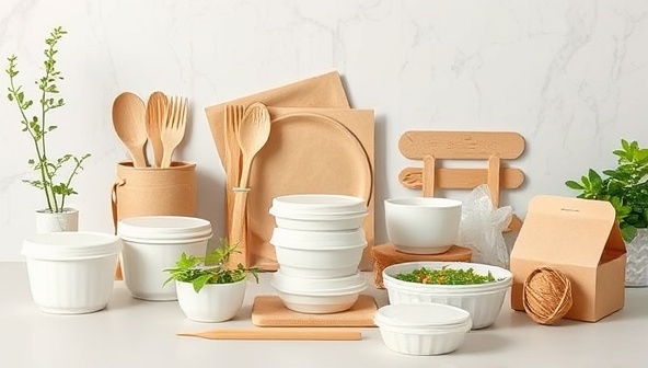 A collection of biodegradable food containers, utensils, and packaging materials made from eco-friendly materials, displayed in a modern and sleek design setting, highlighting the sustainability aspect of the products.