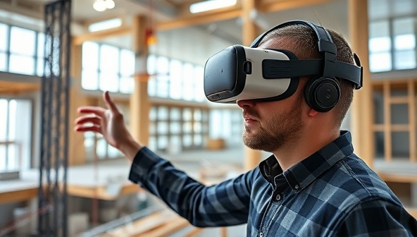 An architect wearing a VR headset, immersed in a virtual construction site, interacting with building elements and design features, showcasing the innovative and interactive nature of ConstructVR Studio's simulations.