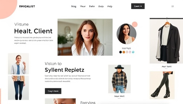 A sleek and modern website interface featuring a virtual stylist assisting a client through a video call, surrounded by fashion mood boards and outfit inspirations, creating a chic and interactive styling experience.