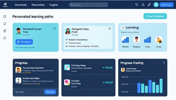 An AI-powered platform interface displaying personalized learning paths with recommended courses, interactive assessments, and progress tracking features, showcasing the adaptive and user-centric nature of the educational platform.