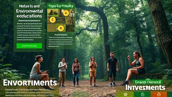 An immersive and nature-inspired environmental education platform interface featuring eco-friendly activities, conservation projects, and sustainability resources, with diverse individuals participating in outdoor adventures and environmental stewardship, promoting a sense of connection to nature and community-driven environmental action.
