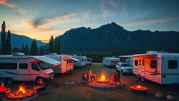 An enticing visual featuring a panoramic view of RVs parked in picturesque camping sites, with families enjoying outdoor activities and campfires, capturing the essence of freedom and exploration offered by RoamWheels Share's peer-to-peer RV rental marketplace.