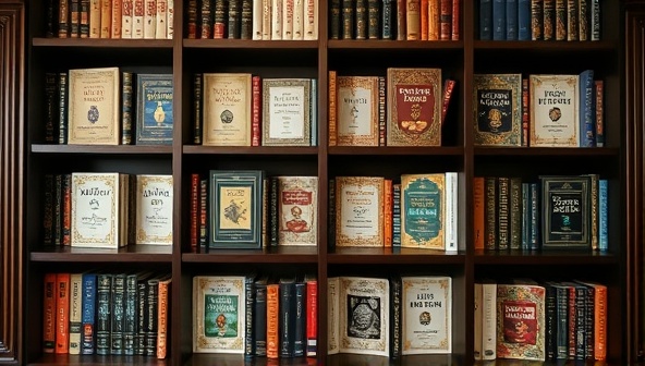 An elegant bookshelf filled with custom-made books, each displaying a unique cover design and title, symbolizing the personalized and exclusive nature of the storytelling subscription service.