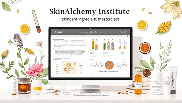 A visually engaging representation of SkinAlchemy Institute's virtual skincare ingredient masterclass, featuring a digital screen displaying skincare formulations, ingredient lists, and scientific diagrams, surrounded by botanical illustrations and skincare product samples, symbolizing the fusion of science and nature in skincare education.