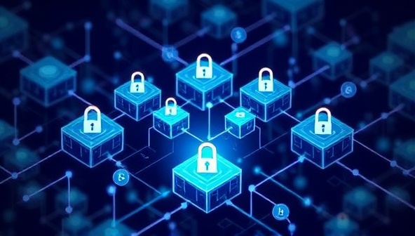 An abstract representation of interconnected blocks forming a digital marketplace platform, with transparent transactions, secure locks, and stylized web design elements symbolizing the innovative and secure nature of BlockWeb Creations in a visually captivating manner.