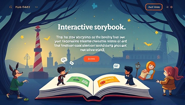 An illustration of a website designed as an interactive storybook, featuring animated characters, branching storylines, and interactive elements that transport users into a captivating digital narrative world, highlighting the essence of interactive storytelling website design.