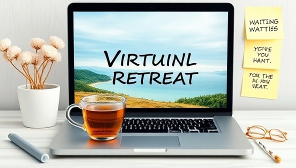 An engaging virtual retreat setup with a laptop displaying a serene writing background, a cup of tea, and sticky notes with inspirational quotes, creating a tranquil and focused writing environment.
