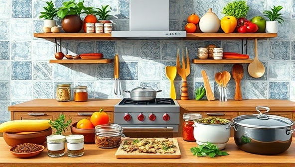 A vibrant virtual kitchen setup with a diverse array of spices, ingredients, and cooking utensils from different cultures, symbolizing the rich and colorful culinary journey awaiting participants of Global Flavors Kitchen's virtual cooking classes.