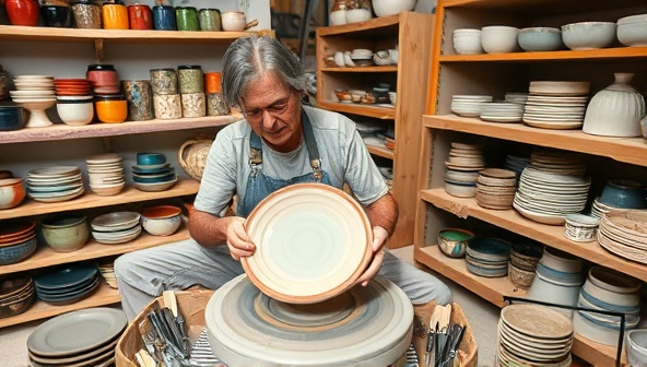 An artisan crafting a ceramic plate on a pottery wheel, surrounded by shelves of colorful glazes and finished tableware pieces, highlighting the handmade and artistic essence of the business.