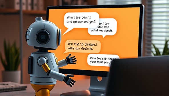 An engaging visual of a colorful chatbot character interacting with a designer on a computer screen, suggesting design ideas and providing feedback in a conversational manner, capturing the essence of ChatterWeb Design's interactive approach.