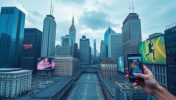 An interactive AR experience overlaying a popular cityscape with digital advertisements that blend seamlessly with the surroundings, illustrating the immersive potential of AR in marketing.