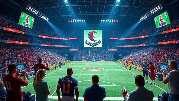 An image of a virtual sports arena with digital avatars of fantasy sports teams competing in a high-stakes match, surrounded by cheering spectators and vibrant graphics, capturing the excitement of fantasy sports betting.