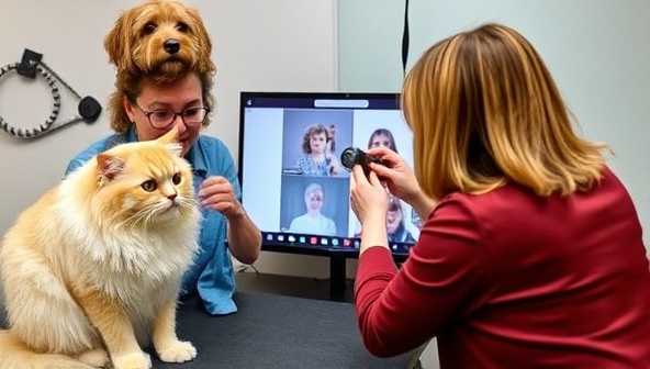 A virtual pet grooming session in action, with a professional groomer demonstrating brushing techniques on a fluffy cat through a video call, while the pet owner follows along with their own pet, showcasing the interactive and educational nature of virtual grooming consultations.