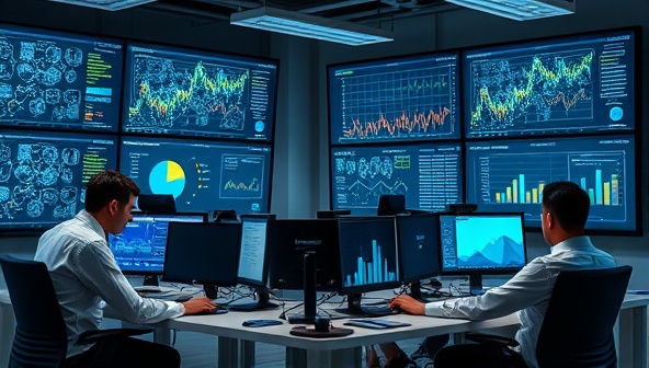 An office setting with a team of data analysts working on sophisticated mining models, surrounded by screens displaying complex algorithms and predictive charts, showcasing the cutting-edge analytics offered by DigInsight Mining Analytics.