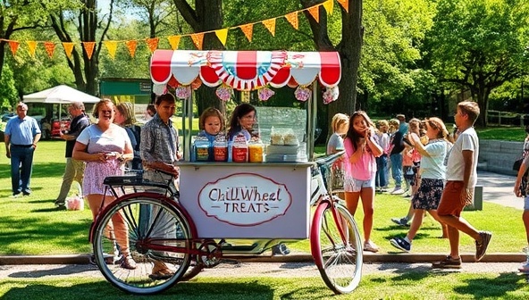 A charming ice cream bike cart parked in a sunny park setting, adorned with colorful bunting and filled with whimsical ice cream flavors displayed in vintage-style containers, attracting a crowd of delighted children and families, embodying the essence of ChillWheel Treats' artisanal charm.