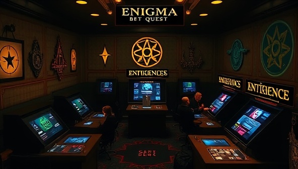 A dimly lit room with mysterious artifacts, cryptic symbols, and interactive betting stations, surrounded by players immersed in solving puzzles and placing bets, creating an atmosphere of suspense and intrigue at Enigma Bet Quest.