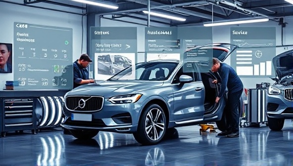 A dynamic visual of a car being serviced in a modern garage, with technicians using advanced tools and technology, surrounded by a digital interface showing the car's maintenance schedule and service updates, symbolizing efficiency, expertise, and care in car maintenance.