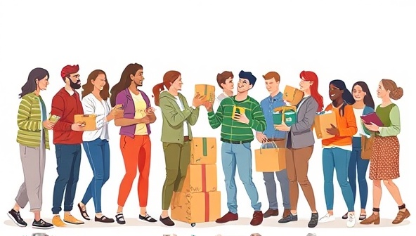 An engaging illustration showing a diverse group of people exchanging various packages and items, symbolizing a collaborative and efficient cargo sharing community, with a focus on sustainability and cost-effectiveness.