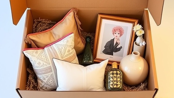 An elegantly designed subscription box overflowing with stylish home decor items like cushions, vases, and wall art, arranged in a visually appealing manner to convey luxury and sophistication.