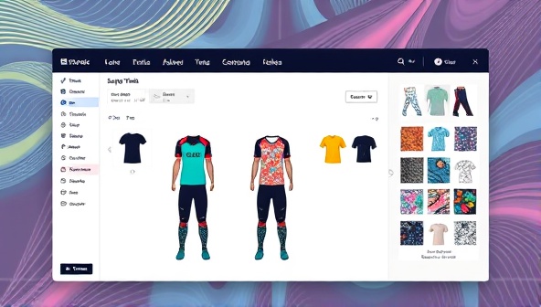 An artistic representation of a virtual design studio interface where users can personalize their fitness apparel, selecting fabrics, colors, and patterns with a drag-and-drop feature, showcasing the creativity, versatility, and individuality of the FitThreads Custom customization service.