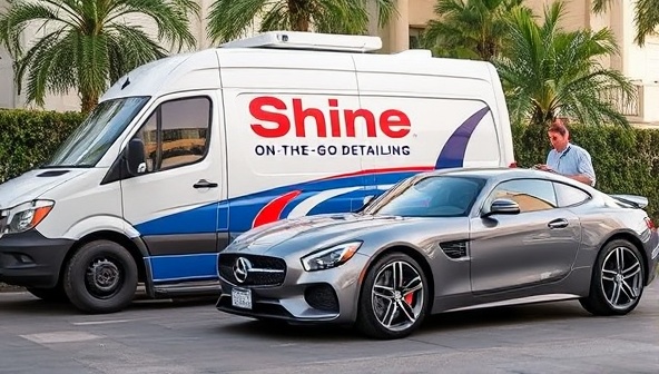 An image of a mobile detailing van equipped with professional cleaning supplies, parked in front of a luxury car while a detailer polishes the vehicle, capturing the convenience and quality of Shine On-The-Go Detailing's services.