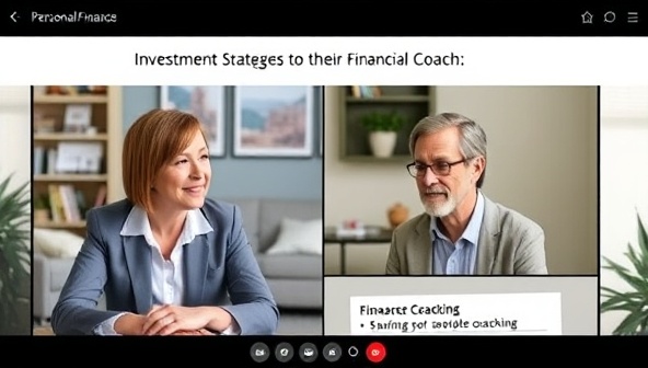A virtual personal finance coaching session featuring a financial coach discussing investment strategies, savings goals, and retirement planning with a client through a video call, showcasing a professional and supportive financial advisory environment.