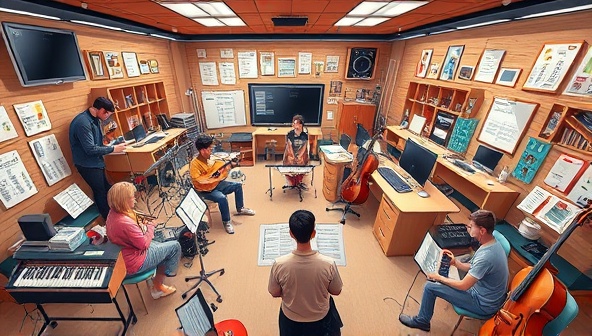 An immersive digital illustration of a virtual music studio filled with a variety of musical instruments, sheet music, and a diverse group of students and instructors engaged in interactive lessons and performances, fostering a sense of community and musical growth.