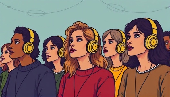 An artistic visualization of a group of diverse individuals with headphones, engrossed in listening to a captivating storytelling podcast together, symbolizing the immersive and communal experience offered by NarrativeThreads' platform.