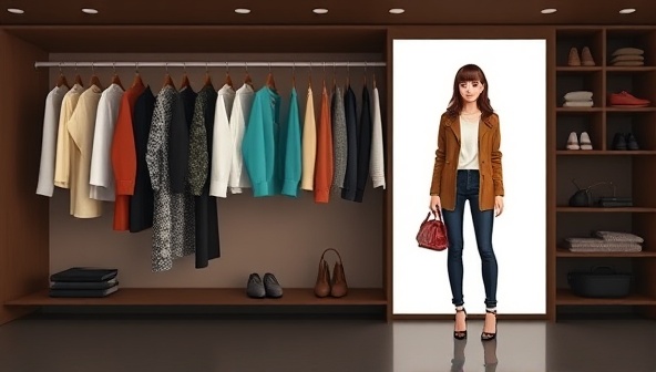A digital platform showcasing a virtual closet filled with clothing items, accompanied by a stylish avatar displaying different outfit combinations, creating a visually appealing and interactive styling experience.