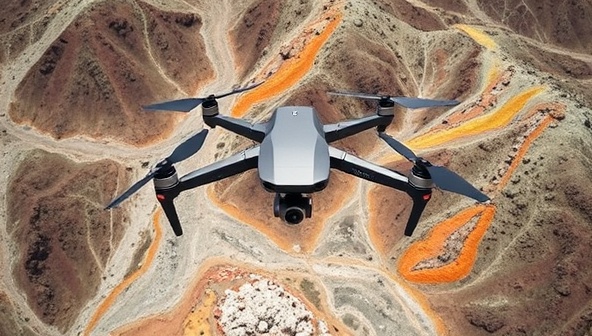 Aerial view captured by a drone showing a rugged, mineral-rich landscape with colorful geological formations, illustrating the potential of drone-based mineral exploration.