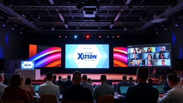 A virtual event setup with a stage area featuring a digital screen displaying the event branding, a virtual audience interacting through video feeds, and a backstage control center managing the technical aspects of the event, conveying professionalism and innovation in virtual event planning.