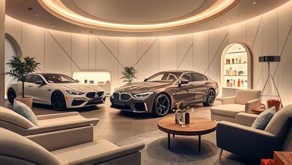 A serene and upscale car spa setting with luxurious lounge areas, soothing lighting, and elegantly displayed car care products, creating a tranquil oasis for both vehicles and their owners, embodying relaxation and rejuvenation.