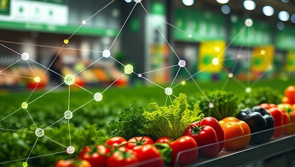 An abstract digital illustration of interconnected blockchain nodes representing the transparent and secure traceability of organic produce, with a chain of fresh fruits and vegetables transitioning from farm fields to grocery shelves, symbolizing the journey monitored by PureTrace Harvest's platform.