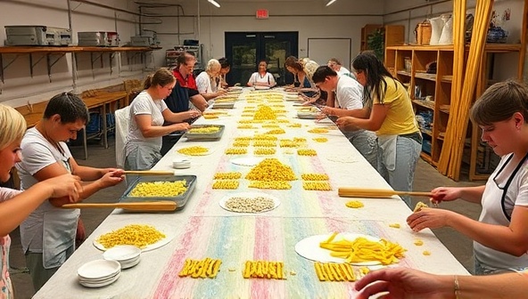 A vibrant pasta-making studio setup with a long communal table, rolling pins, pasta machines, and colorful pasta dough, surrounded by enthusiastic participants kneading, shaping, and cutting pasta, creating a lively and engaging culinary workshop atmosphere filled with creativity and learning.