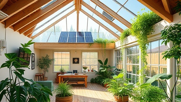 An eco-friendly smart home interior with solar panels on the roof, smart devices controlling energy usage, and a lush indoor garden, illustrating the seamless integration of sustainability and technology in the GreenHive automation system.