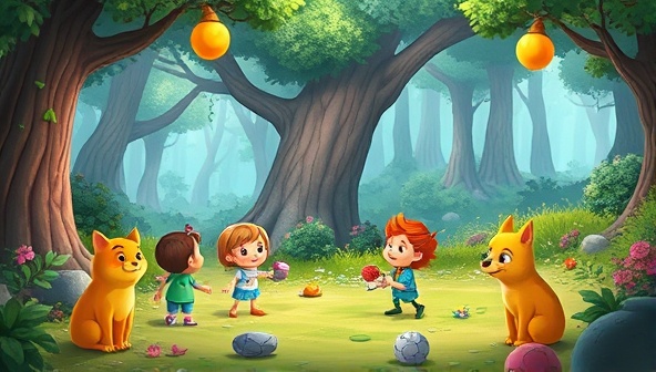 An animated scene of colorful characters from different storylines interacting with each other in a magical forest setting, highlighting the app's engaging and imaginative storytelling experience for kids.