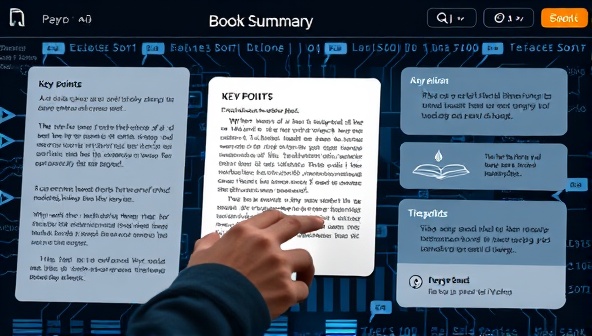 An innovative digital interface showcasing a user exploring book summaries generated by AI, with visually appealing graphics highlighting key points, quotes, and thematic elements, offering a glimpse into the future of efficient reading and knowledge acquisition.