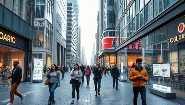 An urban street scene transformed by AR technology, showing virtual product displays interacting with pedestrians and creating a futuristic and immersive marketing environment.